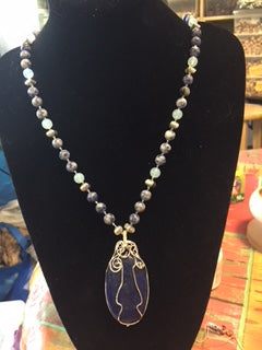 Lapis wire wrapped pendant beaded Necklace